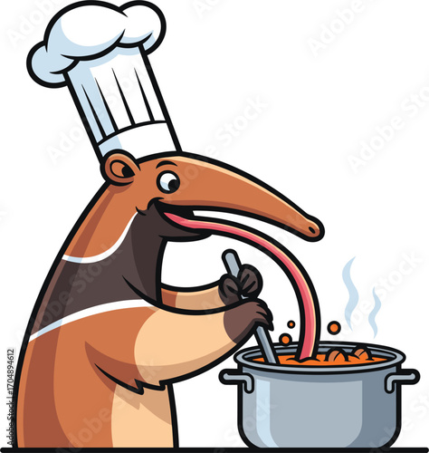 Funny anteater chef cooking soup with long tongue stirring pot