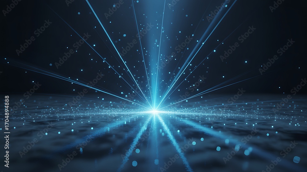 Fototapeta premium Blue Light Rays Bursting From Center With Particles