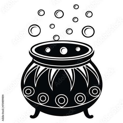 A black silhouette of a cauldron with bubbles