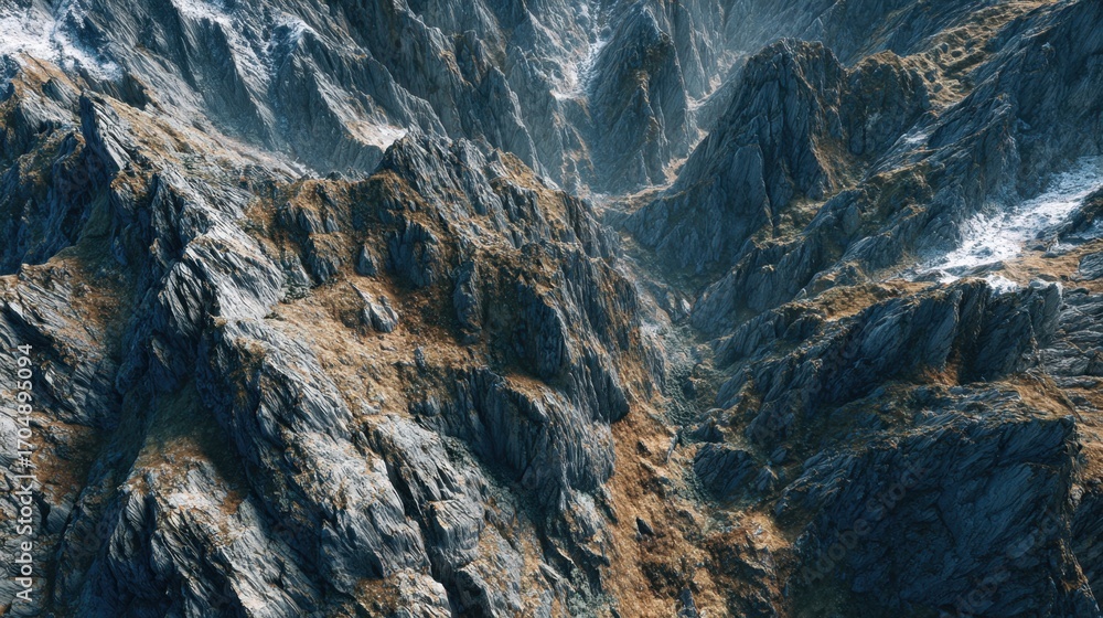 Obraz premium Rugged Mountain Vista: A breathtaking vista unfolds, showcasing majestic, rugged mountains with dramatic ridges, textures and a subtle play of light.