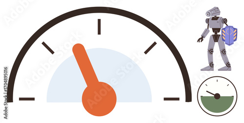 Speedometer with orange needle, robot carrying battery, energy gauge. Ideal for technology, robotics, energy efficiency, progress, sustainability futurism productivity. Simple flat metaphor