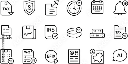 Tax and financial management icons with AI assistance, e-filing, deductions, and compliance features