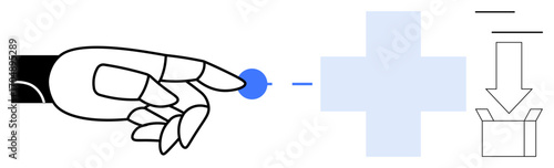 Robotic hand pressing blue button beside a plus symbol and downward arrow pointing into a box. Ideal for automation, technology, future, medical, precision, innovation, productivity. Simple flat