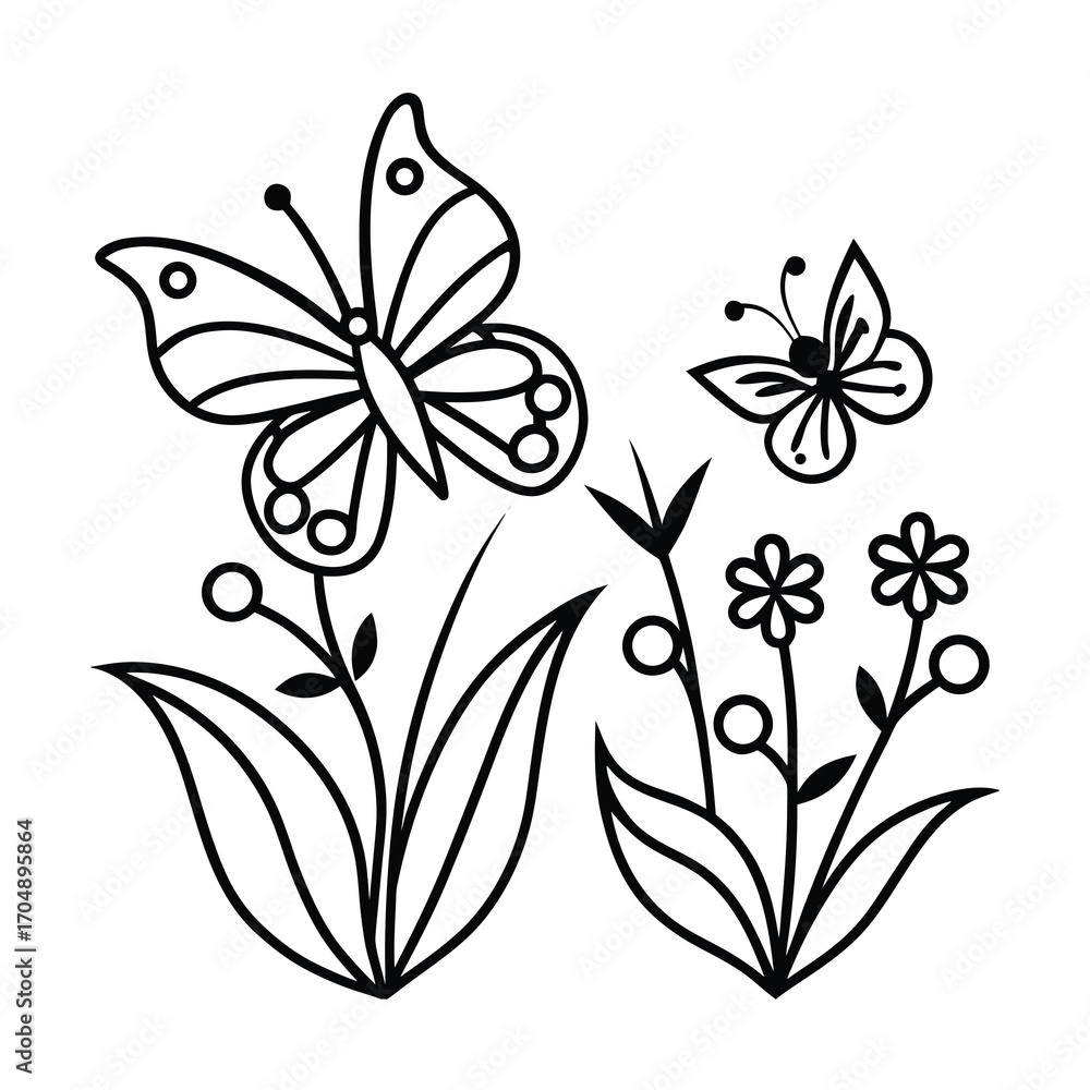 Fototapeta premium stylized butterfly and flowers in a garden line art 