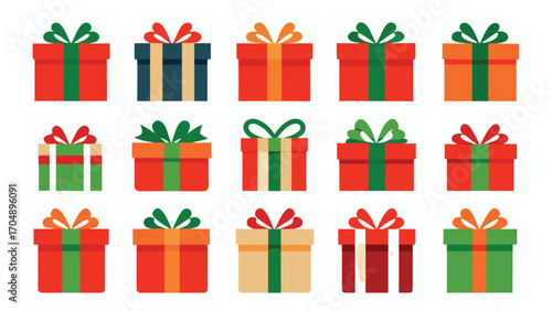 Christmas gift box set, New Year presents, gift boxes, vector illustration on transparent background