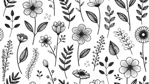 Hand-drawn botanical elements featuring delicate floral blooms and lush greenery in a whimsical sketchy style