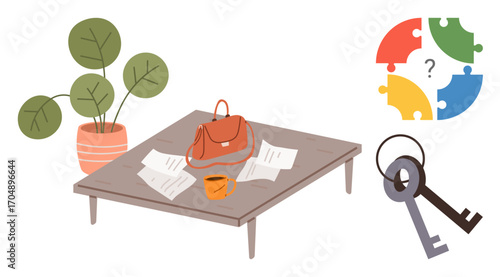 Handbag with scattered papers, mug, two keys, and puzzle pieces beside a potted plant on a wooden table. Ideal for problem-solving, organization, brainstorming, strategy, teamwork planning simple