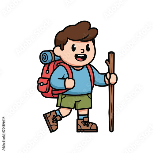 Cheerful cartoon boy character hiking with a backpack and a wooden staff. Cute adventurer mascot for outdoor activities