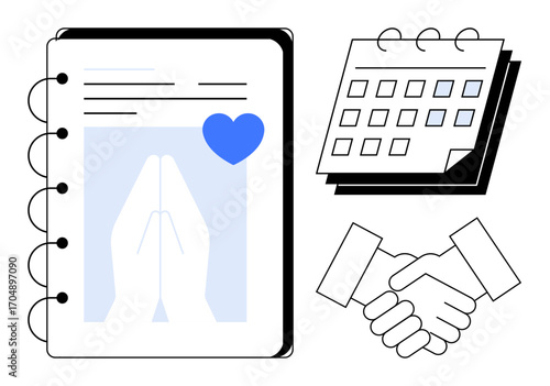 Notebook with outline of praying hands and heart, calendar with marked dates, handshake denoting agreement. Ideal for faith, organization, teamwork, trust, planning events relationships. Simple