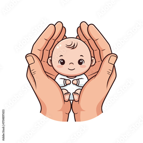 A loving parent's hands carefully holding a precious newborn child, a symbol of protection, family, and gentle care