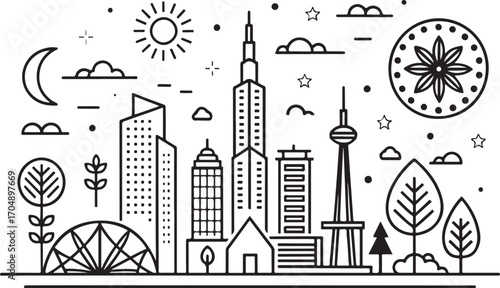 Modern cityscape outline artistic drawing featuring tall buildings trees sun moon clouds and architectural landmark elements for design