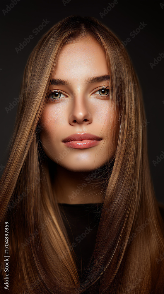 Fototapeta premium Close-up of a woman with smooth, long hair and radiant skin, conveying beauty and elegance in a studio setting.