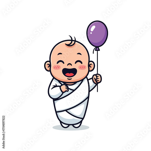 A joyful cartoon infant character laughing and holding a festive purple balloon, a cute vector illustration representing childhood innocence and celebration