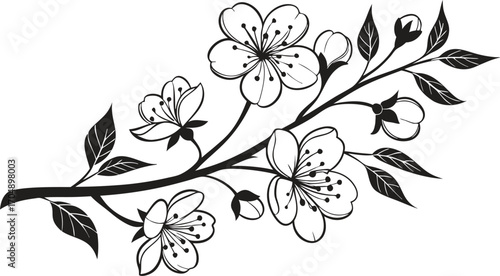 Delicate hand-drawn cherry blossom branch with blooming flowers and buds a symbol of spring and renewal artistic sketch