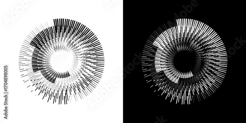 Dynamic abstract spiral sound wave rhythm lines. Circular spiral sound wave rhythm of lines. Circular futuristic abstract lines, black and white background.