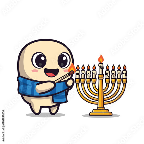 A charming illustrated character with a blue scarf joyfully lights the candles of a menorah to celebrate the Jewish holiday of Hanukkah