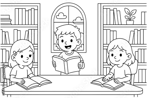 Cute cartoon illustration of children reading books in a library, perfect for kids’ coloring pages, education materials, and activity books.