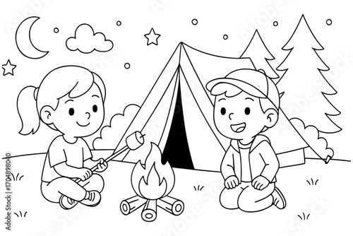 Cute cartoon illustration of kids camping with a tent and campfire, roasting marshmallows under the night sky, perfect for a fun coloring book page.