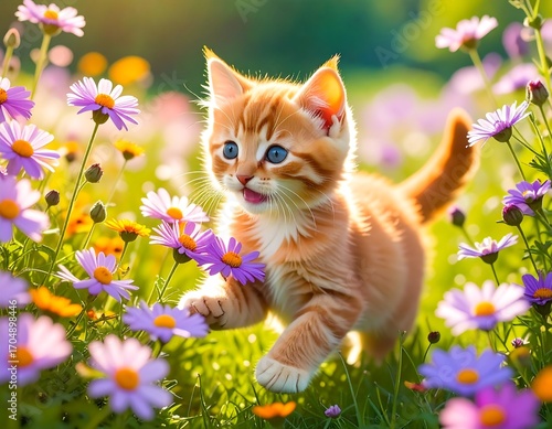 Cute kitten in a flower field