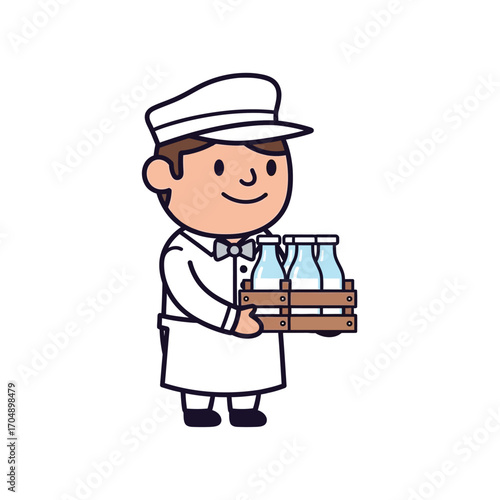 Vintage milkman character in uniform holding a crate of fresh milk bottles, a concept of traditional dairy delivery service illustration