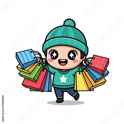 A joyful cartoon boy mascot in a winter beanie enjoys a shopping spree, carrying numerous colorful paper bags