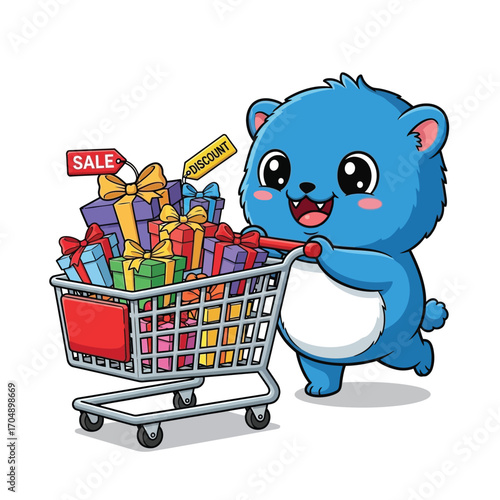 Adorable blue cartoon bear on a shopping spree, pushing a trolley overflowing with presents and discount tags