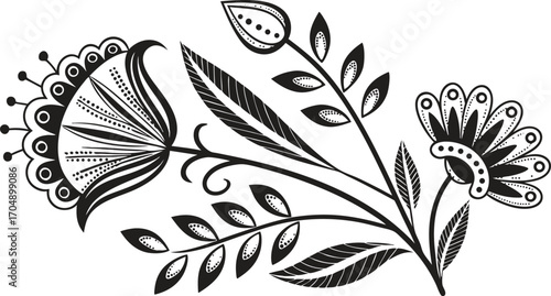 Intricate hand-drawn floral arrangement with stylized blooming flowers and leaves offering a vintage charm and artistic detail for various design projects