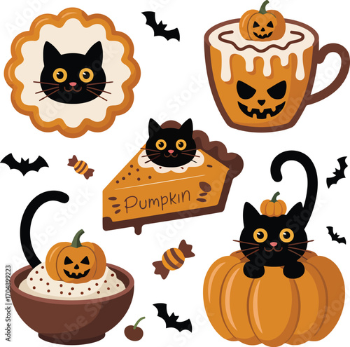 Black cats and pumpkins with halloween treats bats candy