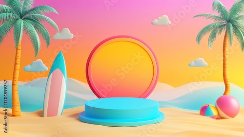 colorful 3d vector banner featuring circular podium on sand, flanked by stylized palm trees surfboard and beach ball against gradient sky