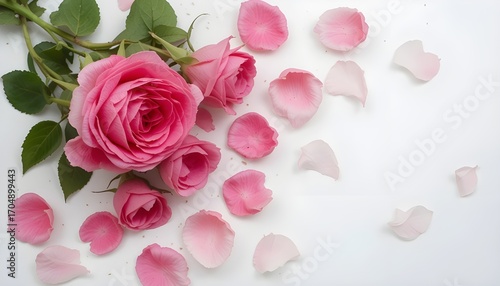 Pink Rose Petals on White Background with Flat Lay Design
