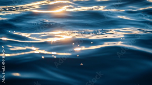 detailed frame of serene water sheet, gentle waves undulating and scattered micro-splashes catching light reflections