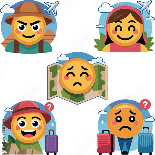 Cartoon faces with travel themes vacation journey