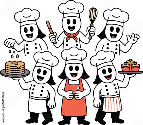 Cheerful cartoon chefs presenting delicious food and baking tools cooking pancakes