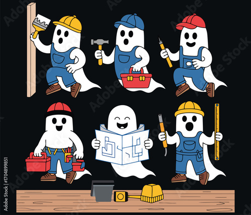 Cartoon ghosts in construction attire with tools and blueprints worker