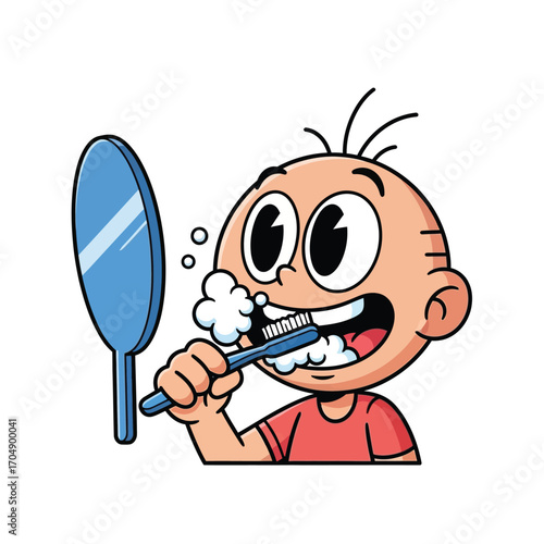 Cute cartoon boy character brushing his teeth with foamy toothpaste. Daily oral hygiene routine and dental care concept for kids, isolated vector illustration