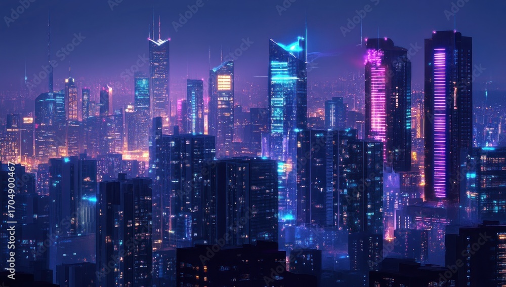 Fototapeta premium Futuristic metropolis with vibrant neon lights illuminating the skyline