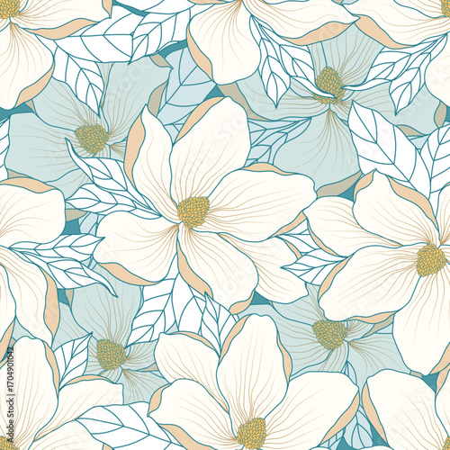 White Magnolia Seamless Pattern on Blue Background