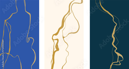 Gold luxury kintsugi crack poster. Japanese art of repairing broken pottery. Vector illustration vertical set of backdrop poster background with intertwine graceful veins. gold broken seams