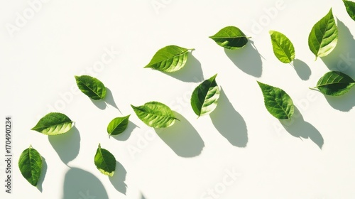 graceful arc of assorted green leaves drifting across a horizontal white strip, subtle shadow suggesting movement