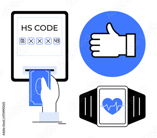 Hand with cash at payment terminal, smartwatch with heart rate on display, and thumbs-up approval. Ideal for technology, finance, health, e-commerce, wearable tech, fitness simple landing page