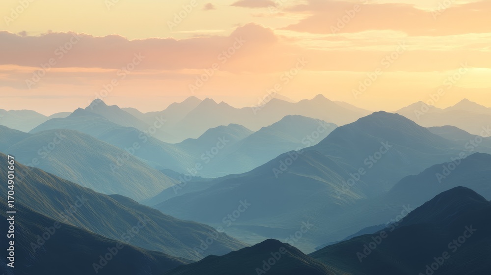 Obraz premium layered hillsides highlighted in sunset gradient, sharp rocky summits contrasting against pastel clouds