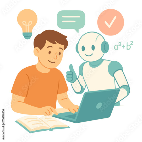 Flat vector illustration of student learning with AI robot assistant. Artificial intelligence, education technology, online learning and homework help concept
