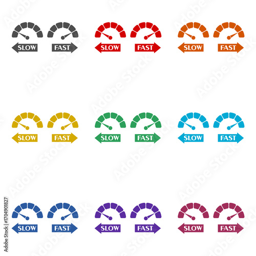 Speedometer Slow and fast speed  icon isolated on white background. Set icons colorful