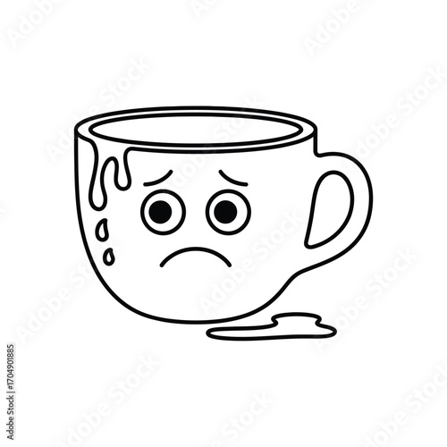 Sad spilling coffee cup character with droopy eyes