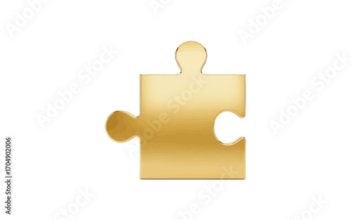 Close up of a single golden puzzle piece with a glossy finish isolated against a white background image