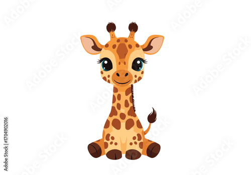A cute cartoon baby giraffe sitting down smiling sweetly.