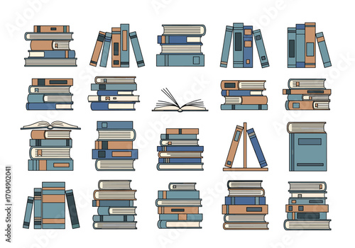 Collection of vintage pixel art stacks of books and open books.