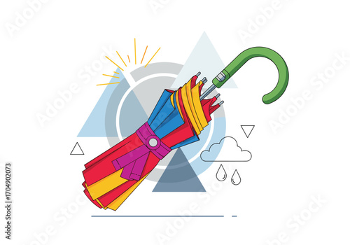 A colorful closed umbrella with a green handle stands on a white background with abstract geometric shapes and weather icons.