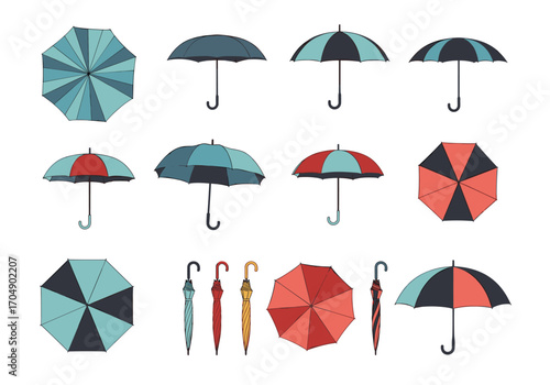 Collection of colorful umbrellas in various patterns and designs for protection from rain.