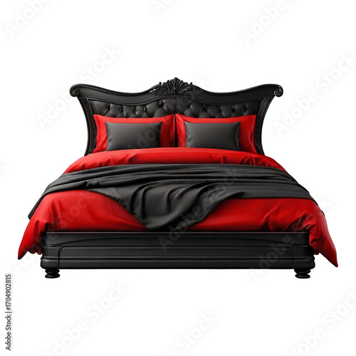 Luxurious Black and Red Tufted Bed with Silk Linens and Pillows furniture